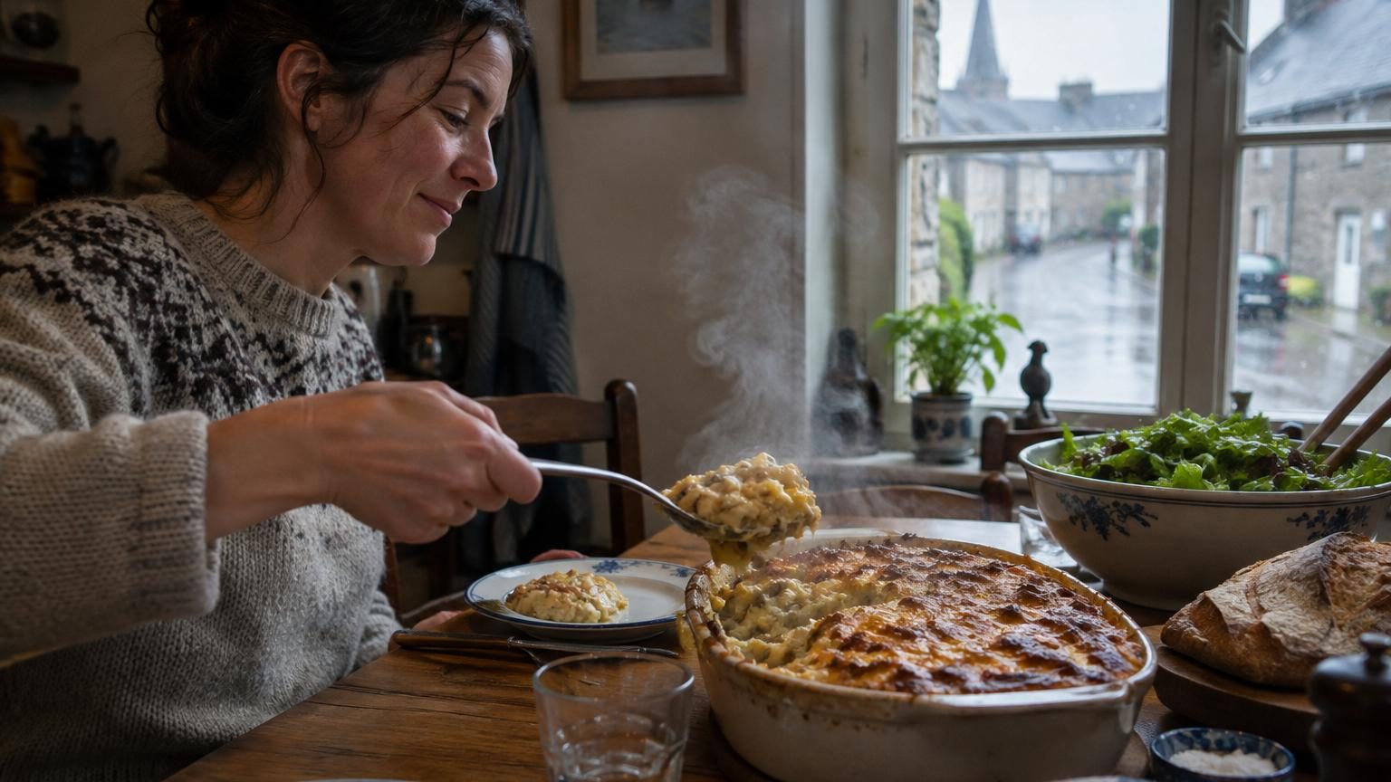 Un gratin de pâtes doré et gratinés sortant du four, fumant légèrement, servi dans un plat blanc avec des lardons visibles et une croûte fromager croustillante.