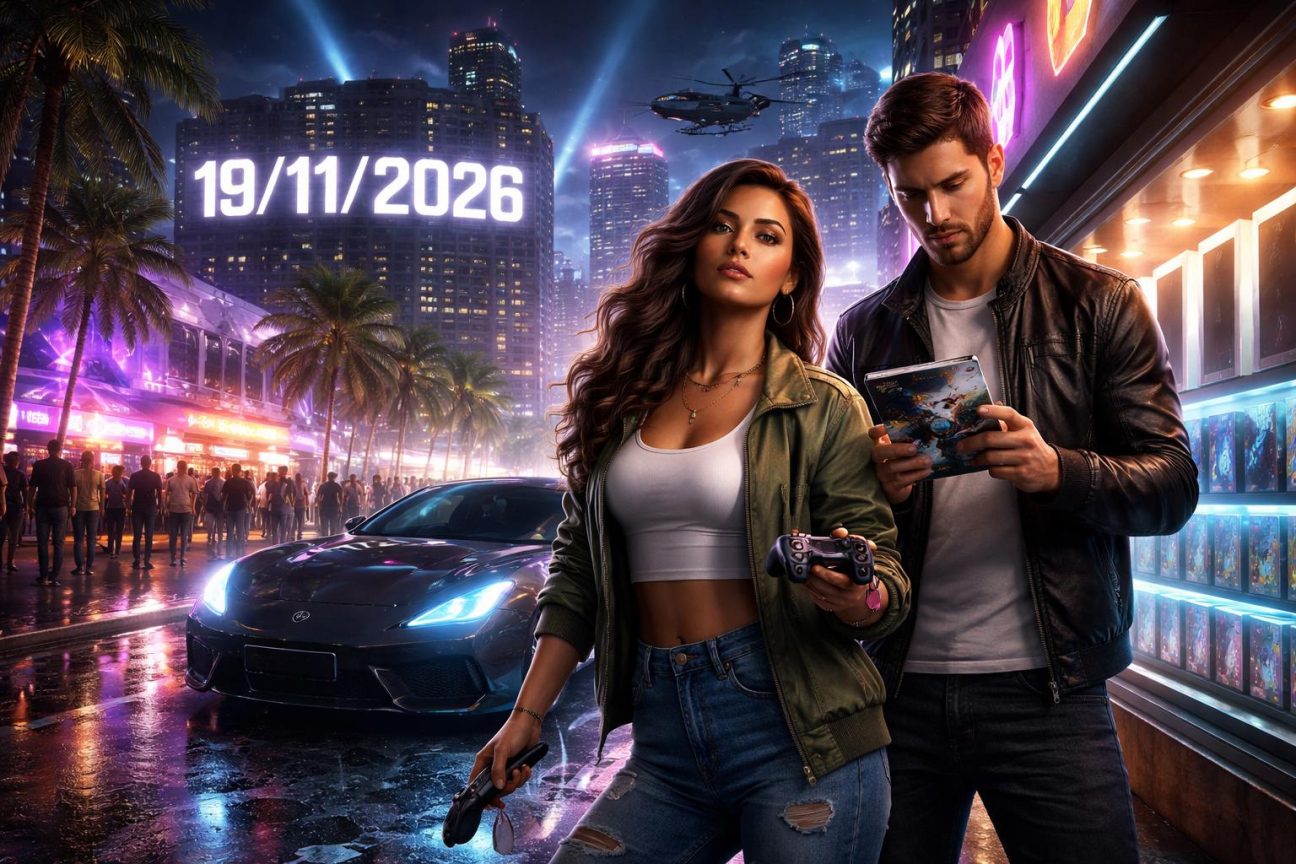 Logo ou illustration de Grand Theft Auto 6 avec les protagonistes Jason et Lucia dans un décor évoquant Vice City, avec les logos PlayStation 5 et Xbox Series X