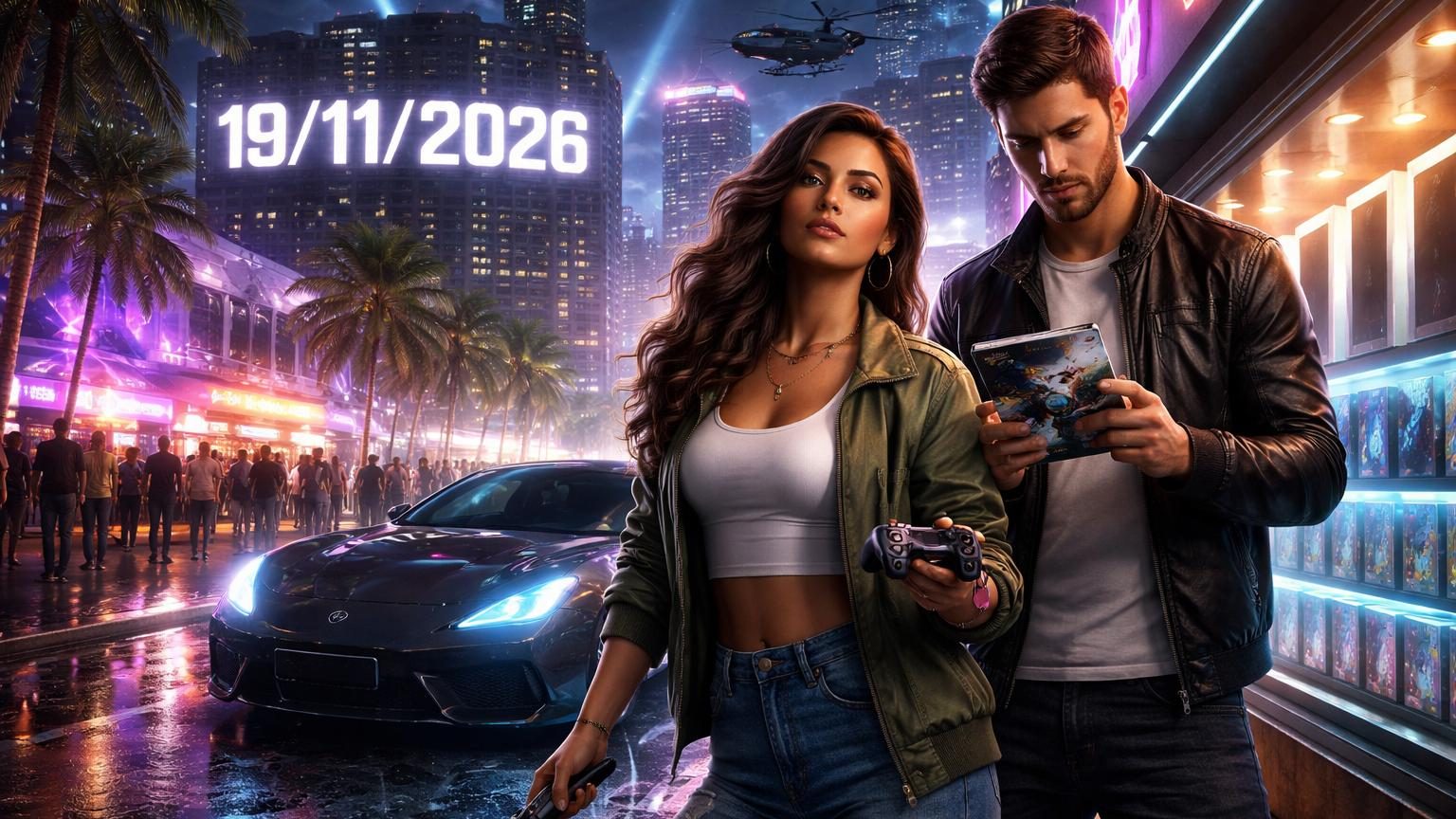 Logo ou illustration de Grand Theft Auto 6 avec les protagonistes Jason et Lucia dans un décor évoquant Vice City, avec les logos PlayStation 5 et Xbox Series X