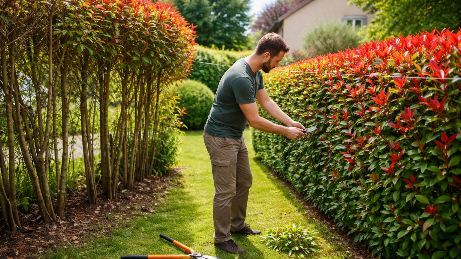 Haie de photinia Red Robin bien formée avec feuillage dense à la base, feuilles rouges contrastant avec le vert foncé, silhouette régulière et arrondie
