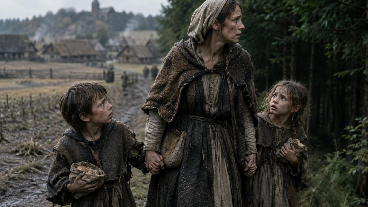Illustration stylisée d'une maison en pain d'épices dans une forêt sombre, avec silhouettes de deux enfants aperçus de loin