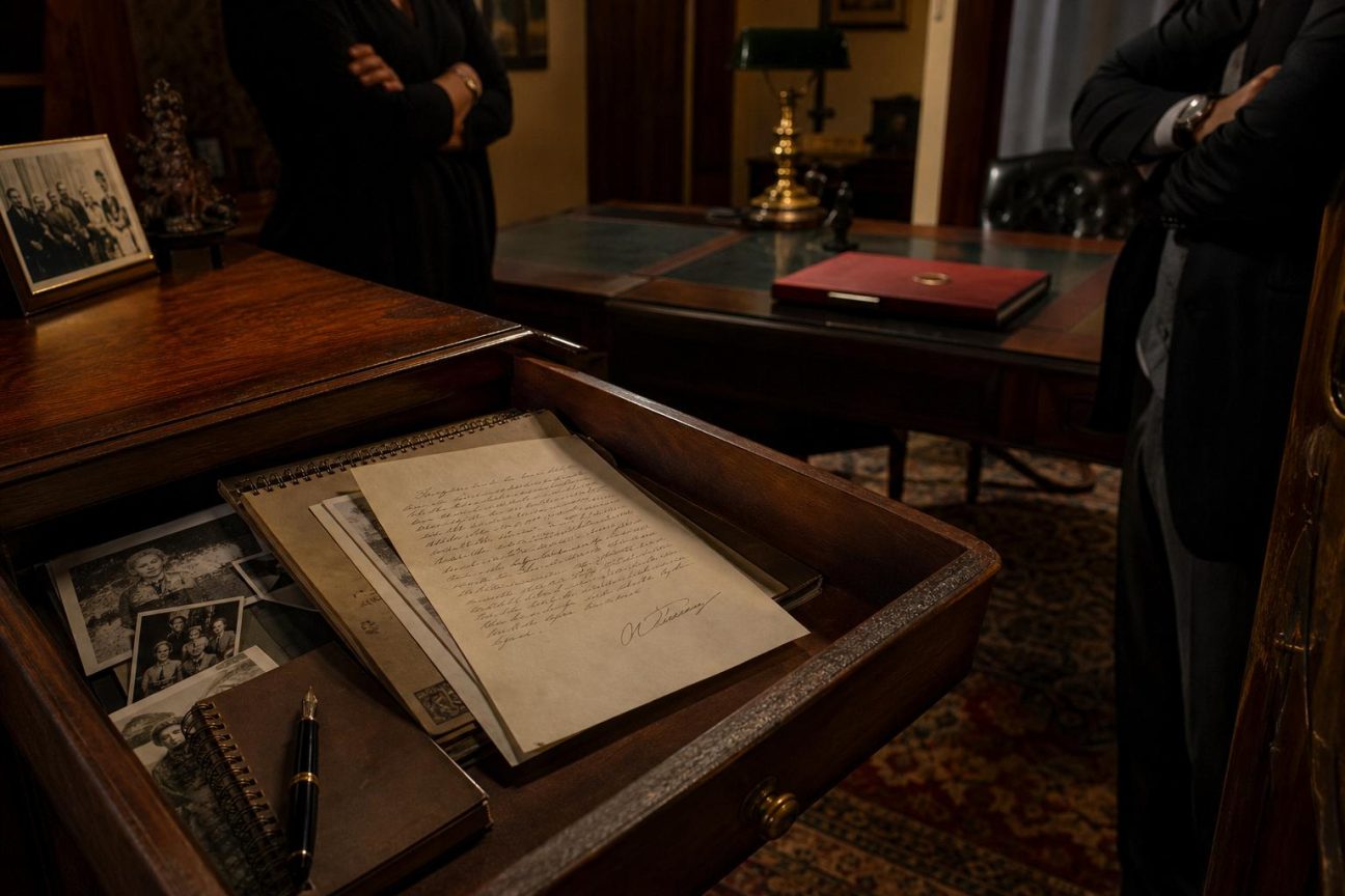 Mains tenant une lettre manuscrite datée et signée, représentant un testament olographe découvert parmi des documents familiaux après un décès.