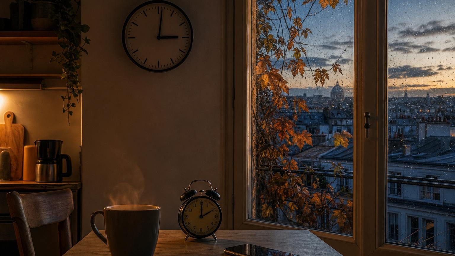Cadran d'horloge avec des aiguilles reculant, fond orange automnal symbolisant le passage à l'heure d'hiver 2026