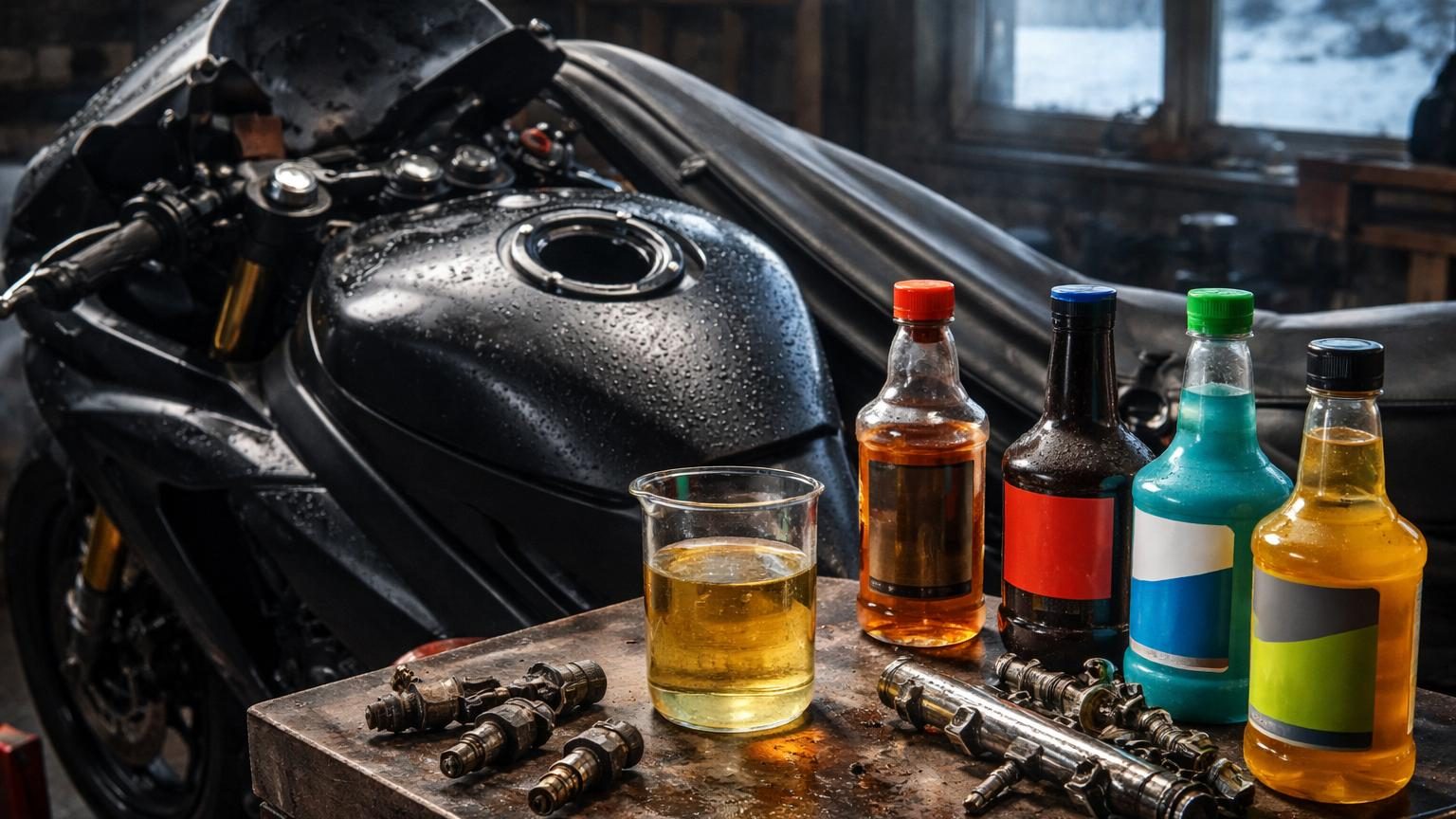 Moteur de moto en coupe, illustrant les composants internes du circuit de carburant et du système d'alimentation