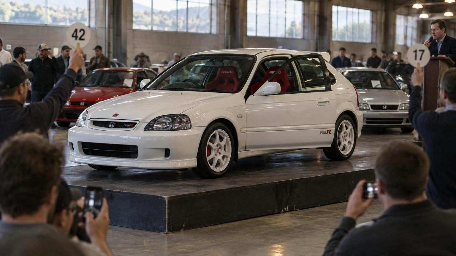 Honda Civic Type R EK9 de 2000 blanc Championship avec sièges baquets Recaro rouges, vedette de la vente aux enchères de la collection patrimoniale Honda en Nouvelle-Zélande.