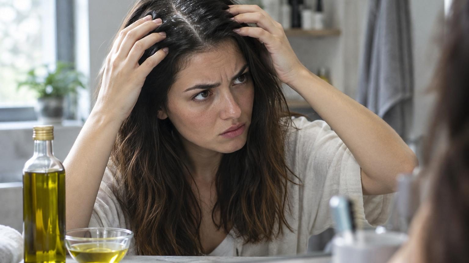 Huile d&rsquo;olive sur les cheveux : une trichologue alerte, pure elle est trop épaisse pour être absorbée et peut provoquer excès de gras et pellicules