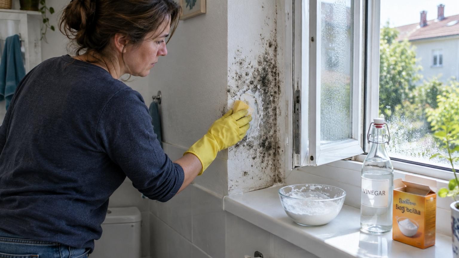 Pâte blanchâtre de vinaigre blanc et bicarbonate de soude appliquée sur un mur avec une tache sombre de moisissure dans le coin d'une pièce humide