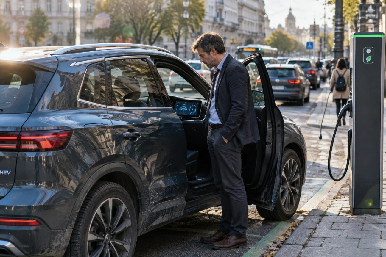 Tableau de bord d'une voiture affichant un chiffre rassurant de 1,4 l/100 km en consommation, symbolisant l'écart entre les promesses officielles et la réalité pour les hybrides rechargeables.