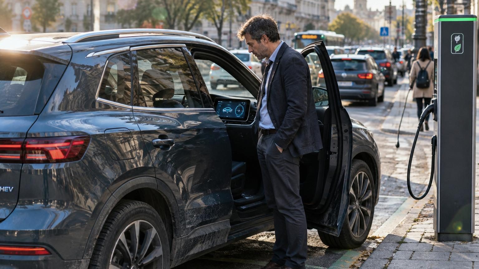 Tableau de bord d'une voiture affichant un chiffre rassurant de 1,4 l/100 km en consommation, symbolisant l'écart entre les promesses officielles et la réalité pour les hybrides rechargeables.