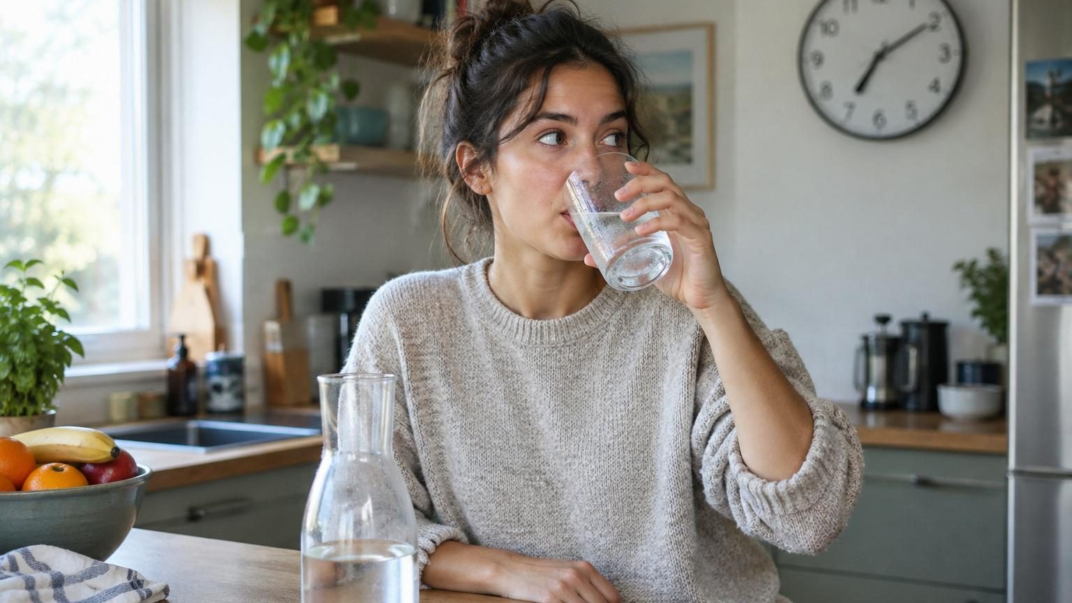 Verre d'eau rempli posé sur une table lumineuse à côté d'une montre ou d'un réveil, symbolisant l'importance du timing de l'hydratation