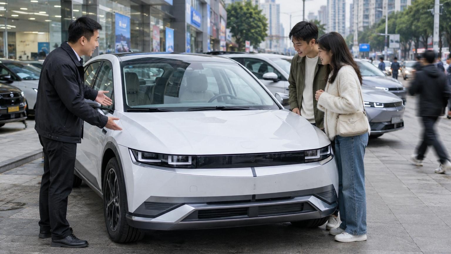 La Hyundai Ioniq V, compacte électrique chinoise au design géométrique anguleux, photographiée de profil dans un contexte urbain ou de salon automobile.