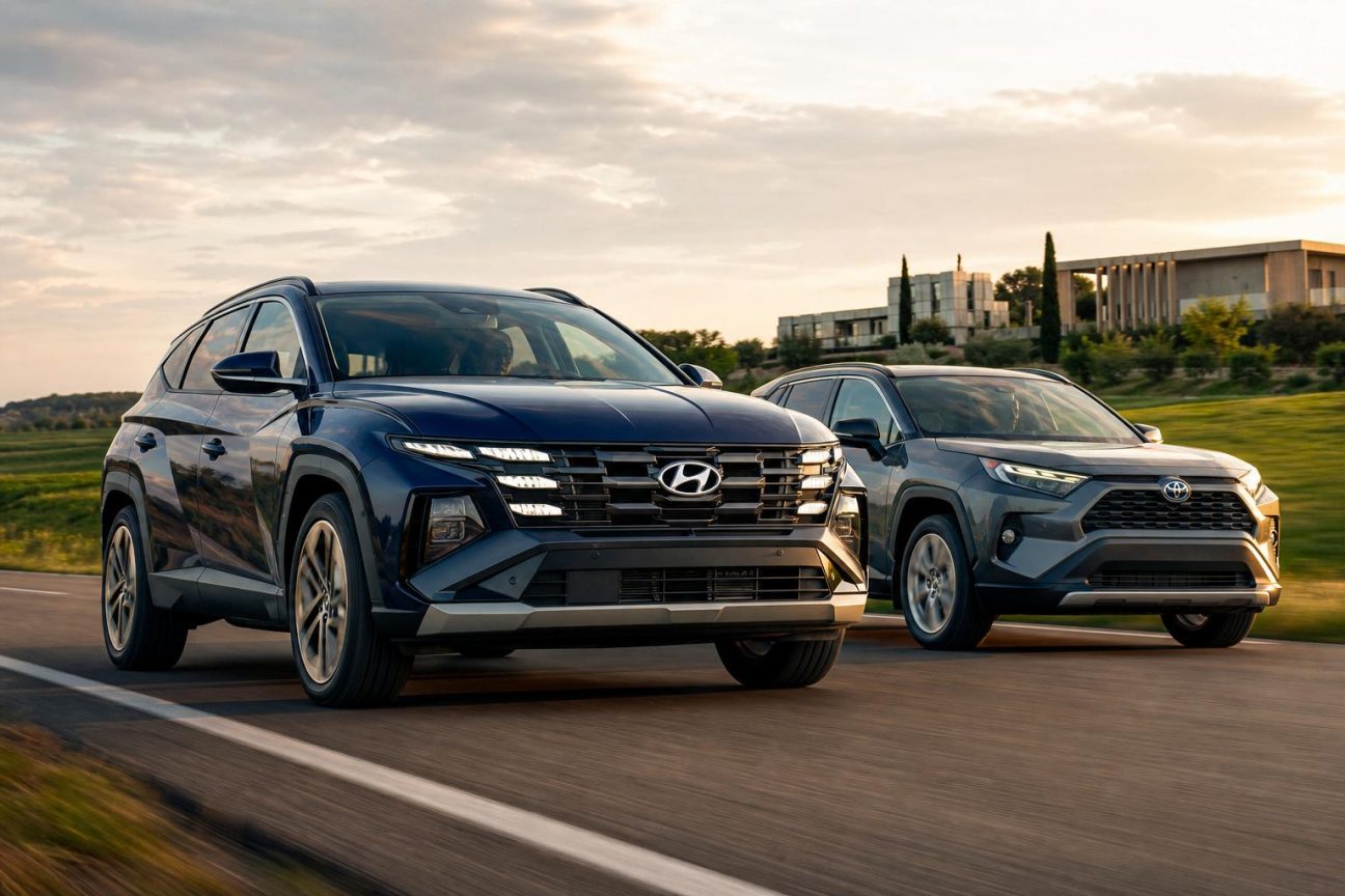 Illustration en rendu 3D d'un Hyundai Tucson 2027 de profil, au design anguleux avec des formes géométriques affirmées, présenté dans un environnement urbain ou routier