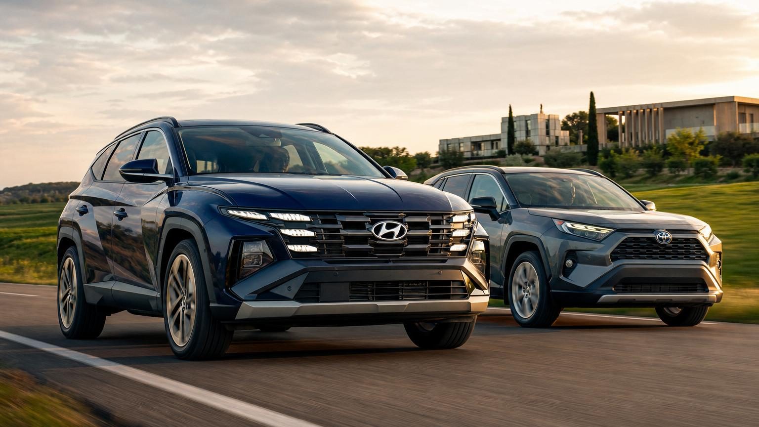 Illustration en rendu 3D d'un Hyundai Tucson 2027 de profil, au design anguleux avec des formes géométriques affirmées, présenté dans un environnement urbain ou routier