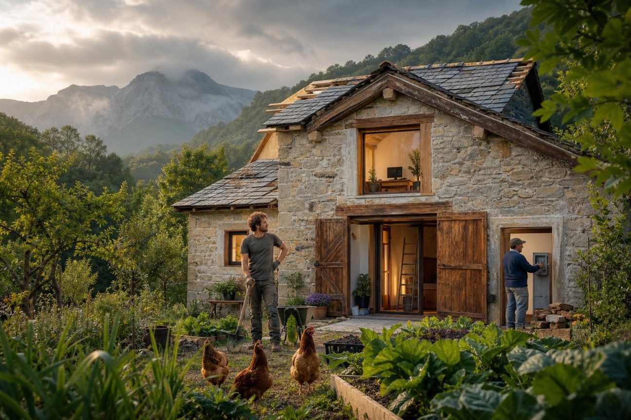 Homme dans une ancienne étable rustique en cours de rénovation entourée de nature et d'arbres, aux Asturies en Espagne