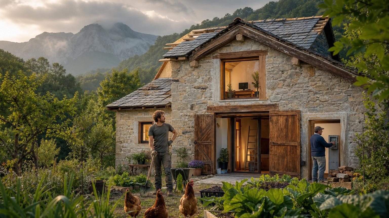 Homme dans une ancienne étable rustique en cours de rénovation entourée de nature et d'arbres, aux Asturies en Espagne