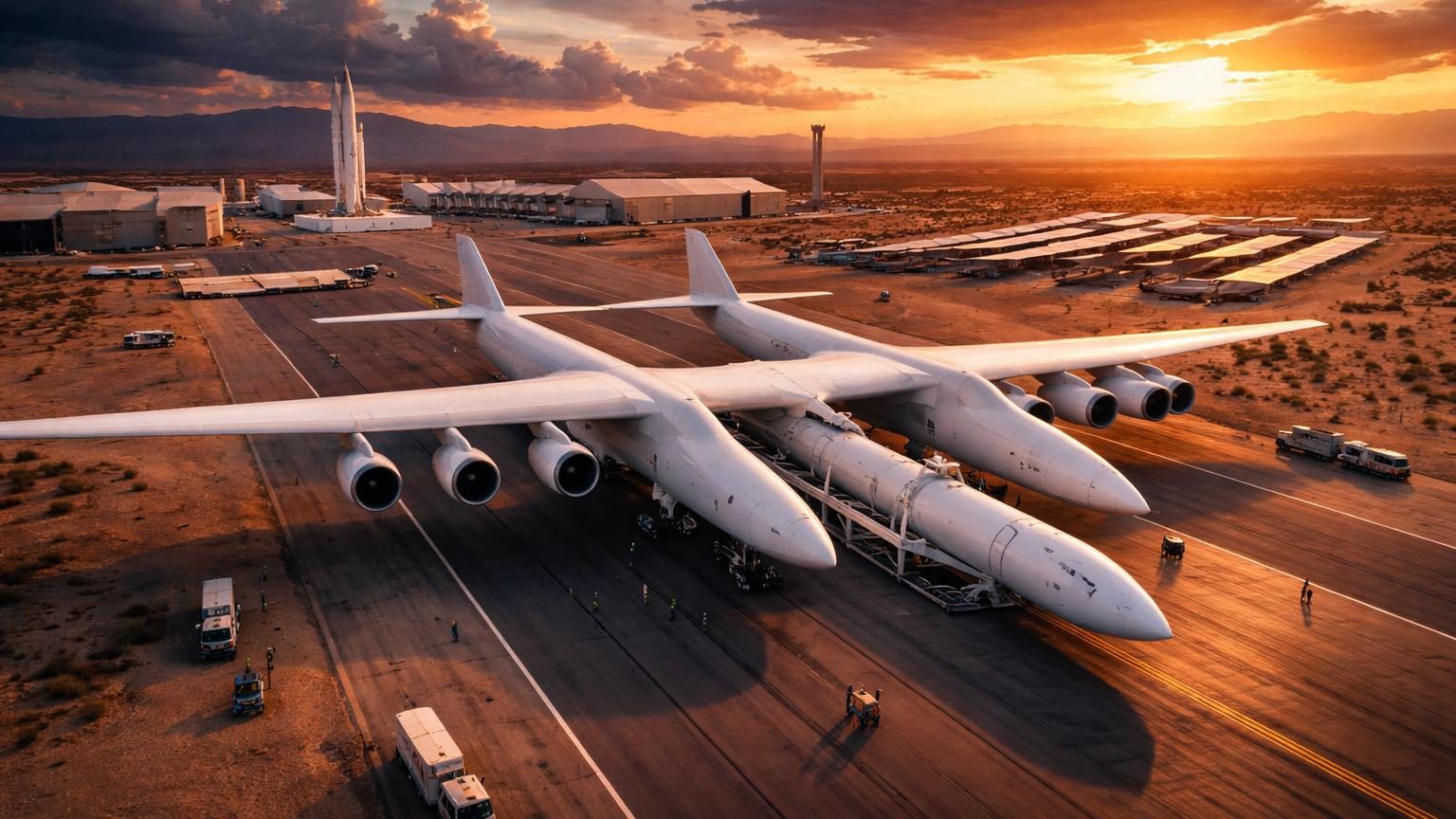Illustration conceptuelle d'un gigantesque avion-cargo emportant une fusée complète sous son fuselage, survolant l'atmosphère terrestre en altitude, symbolisant le lancement spatial aérien.