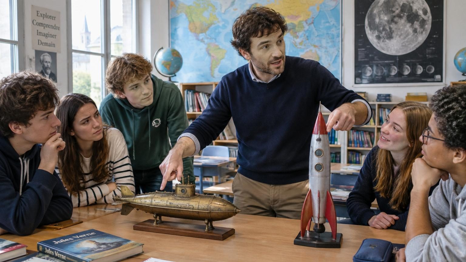Portrait de Jules Verne entouré d'illustrations de ses créations : le sous-marin Nautilus, la fusée vers la Lune, et des créatures marines fantastiques du centre de la Terre