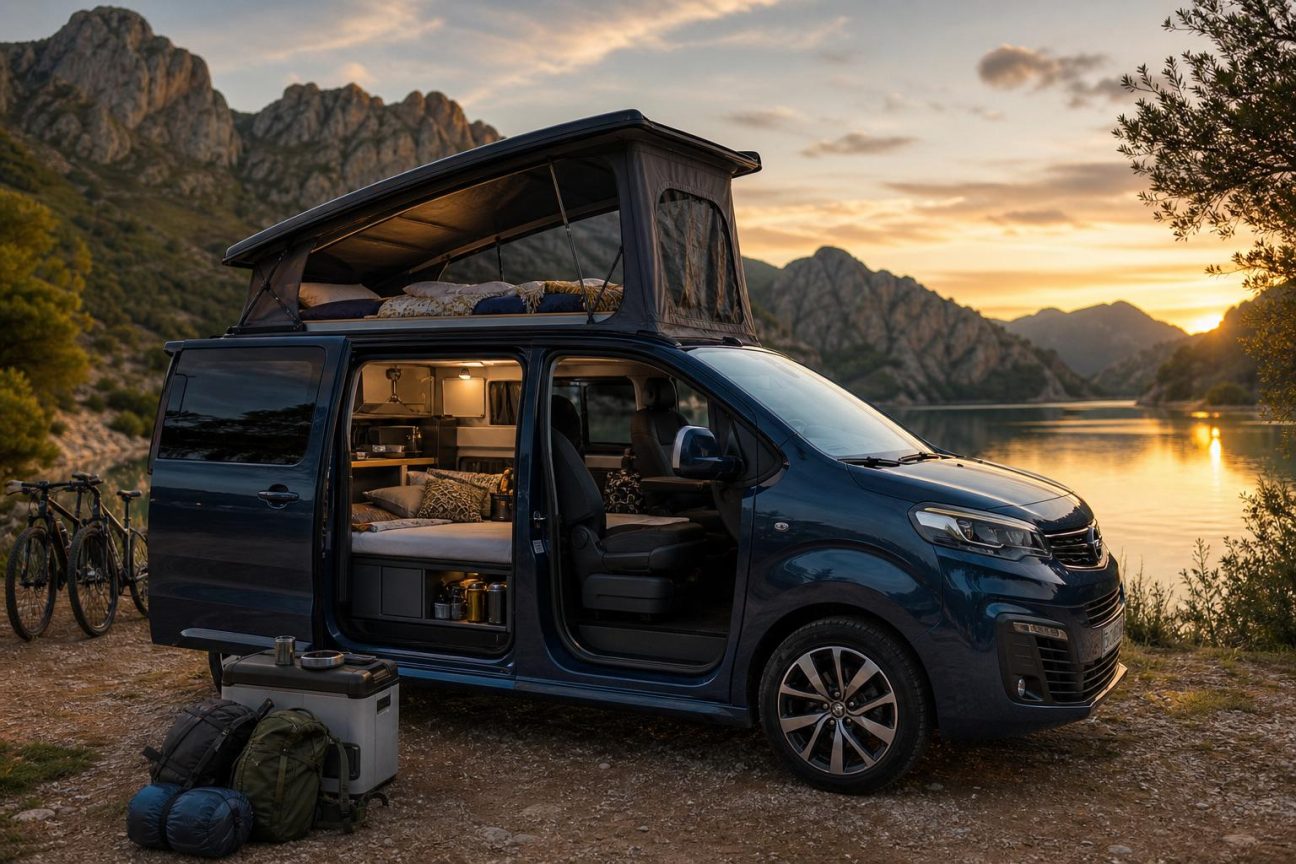 Monospace Opel Zafira aménagé par Tinkervan avec toit relevable ouvert, vue de trois-quarts, présenté en Espagne.