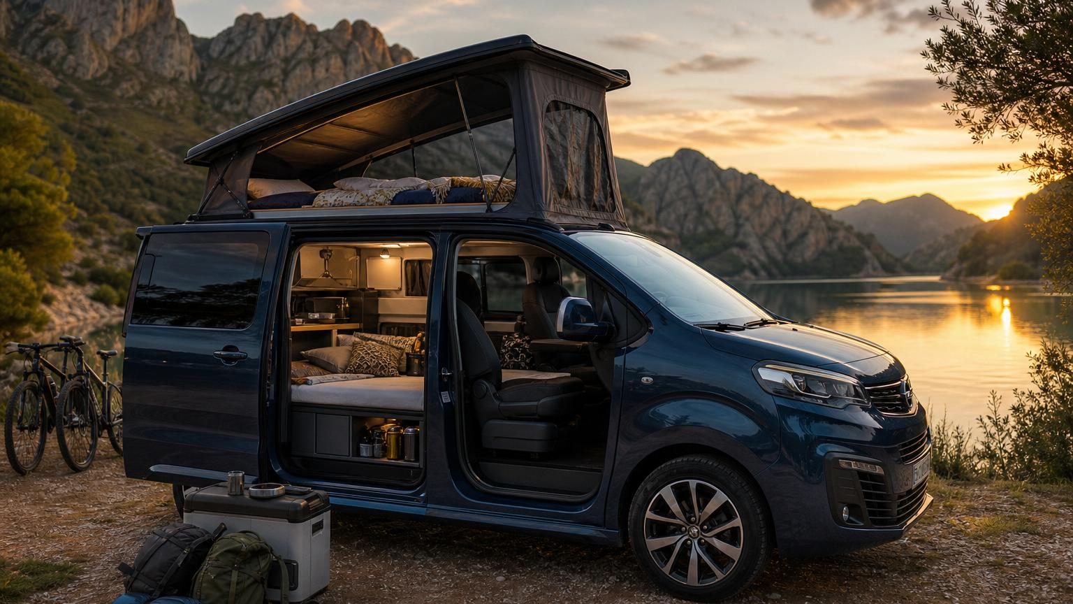 Monospace Opel Zafira aménagé par Tinkervan avec toit relevable ouvert, vue de trois-quarts, présenté en Espagne.