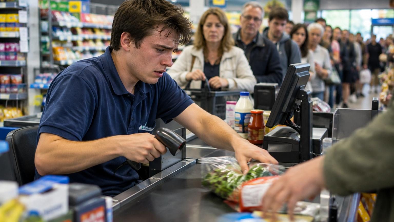 Un jeune caissier en gilet bleu marine Lidl, concentré derrière sa caisse, face à une file de clients avec des paniers pleins lors d'un vendredi en fin d'après-midi.
