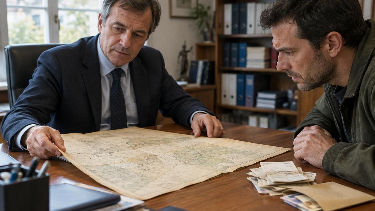 Deux voisins se serrent la main devant un portail avec un mètre ruban jaune étendu entre eux, symbolisant le transfert informel d'un terrain sans passer par un notaire.