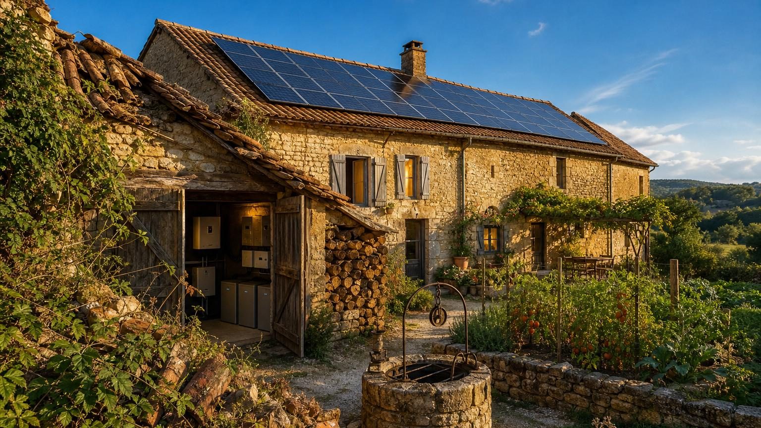 Une ancienne ferme en pierre avec des panneaux solaires brillants sur le toit, des gouttières de récupération d'eau, et un potager vert face à la façade restaurée.