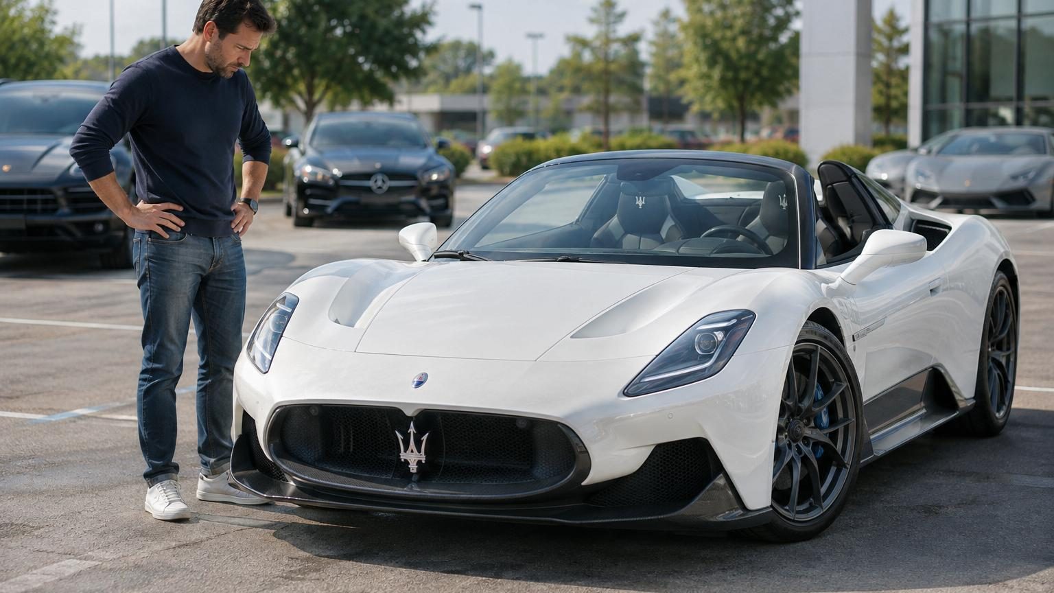 Maserati MC20 Cielo grise, cabriolet de luxe avec pack carbone, photographiée de profil sur fond neutre.