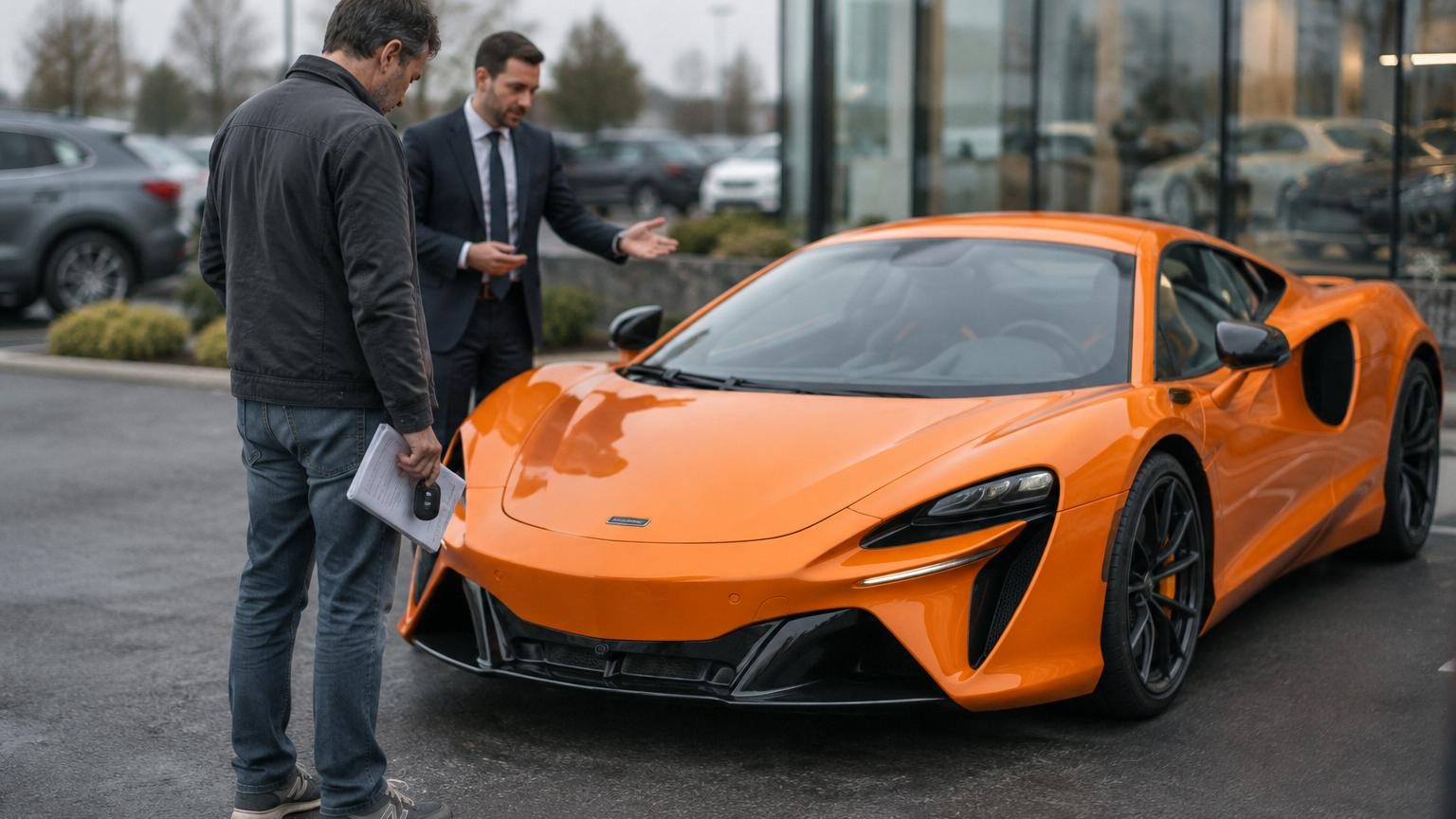McLaren Artura de couleur claire exposée sous projecteurs dans un concessionnaire de luxe, intérieur brillant et impeccable, peinture flambant neuve.