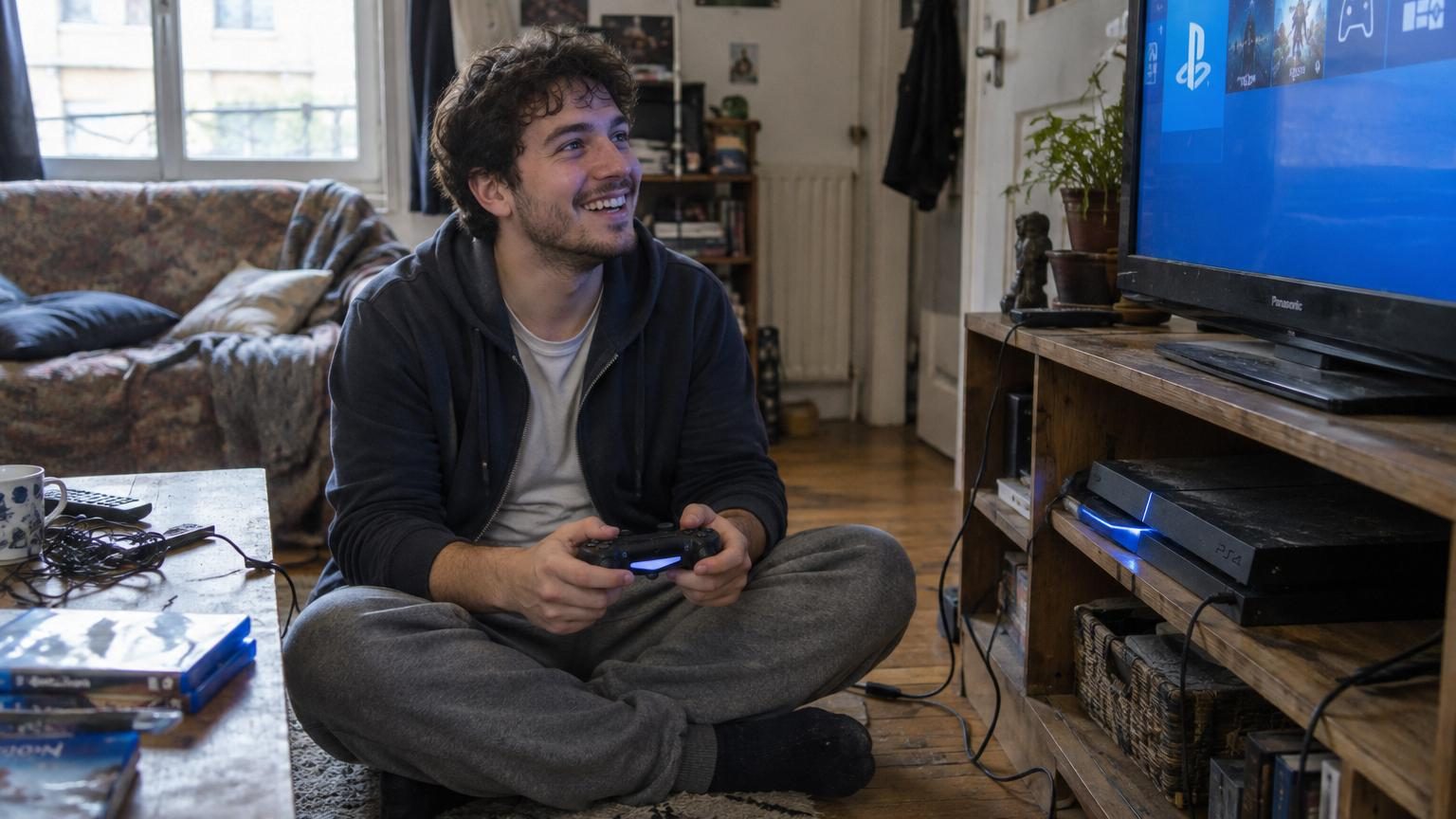 Une PlayStation 4 grise posée sur une étagère poussiéreuse d'une boutique d'occasion, avec une étiquette indiquant le prix de 5 euros et la mention « non testée »