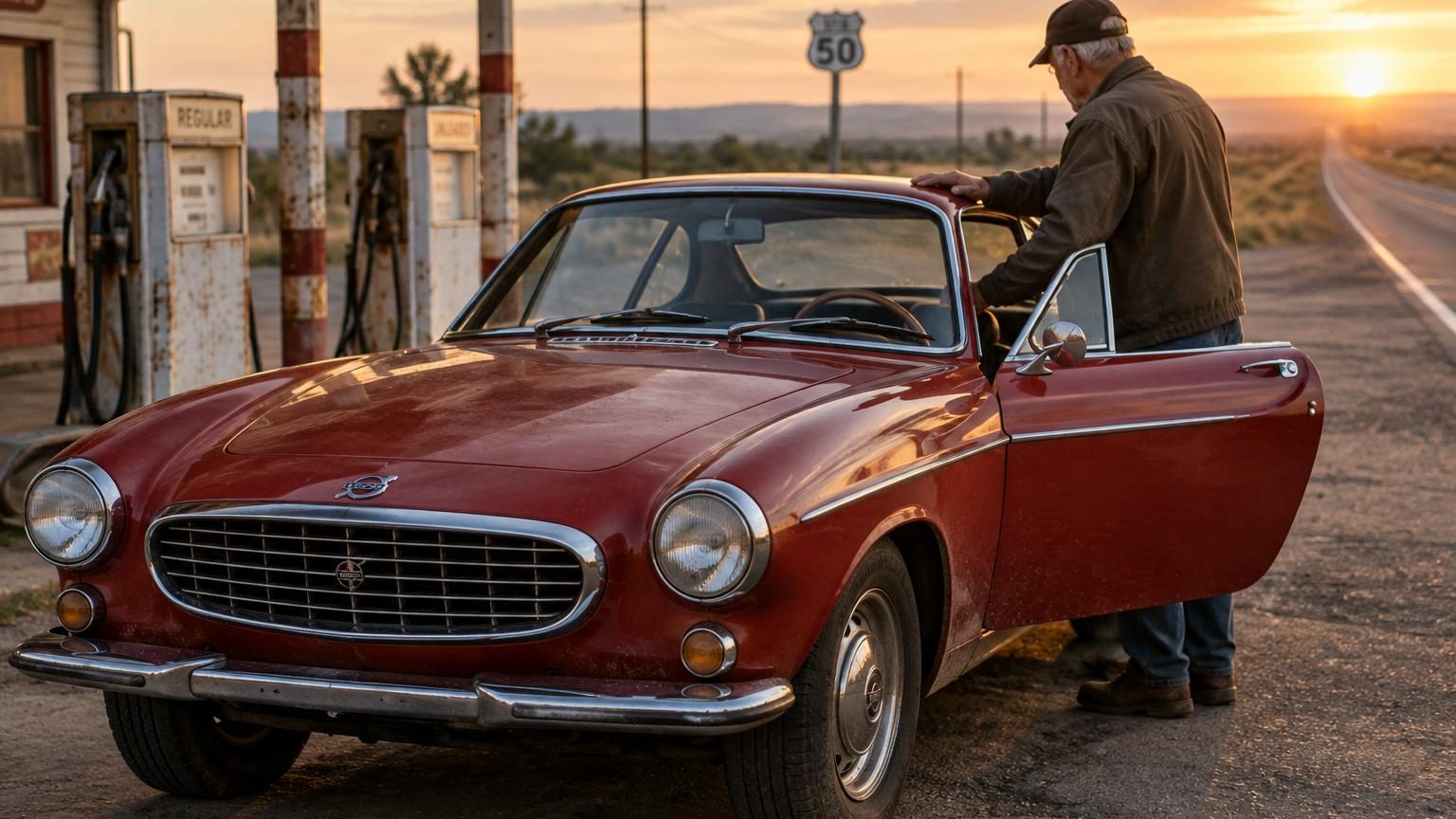 Une Volvo P1800 rouge cerise des années 1960, coupé élégant aux lignes fluides, stationnée ou en mouvement, symbole de fiabilité automobile et de passion pour la route sur plusieurs décennies