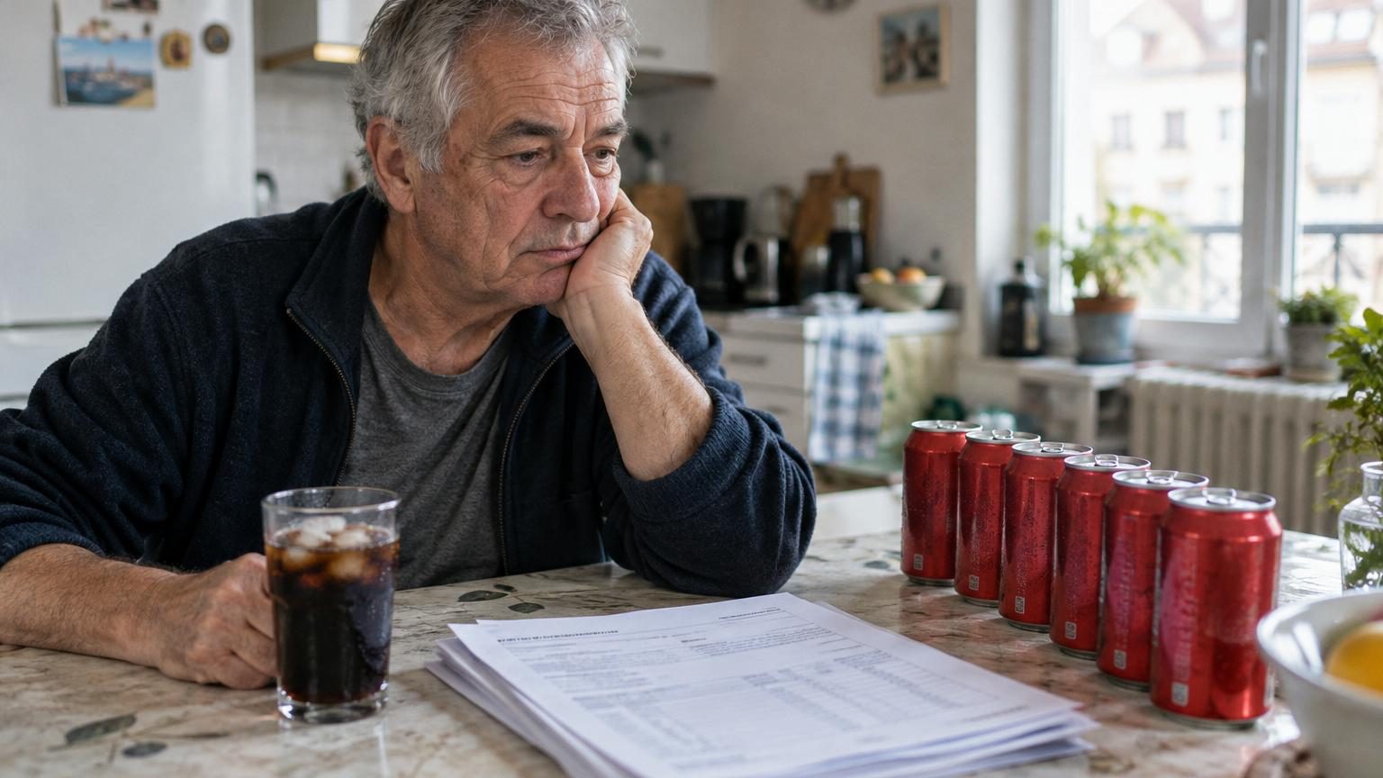 Un homme âgé tenant une bouteille de Coca Zero à côté d'une glace, dans une boutique de glaces, illustrant son habitude de cinquante ans