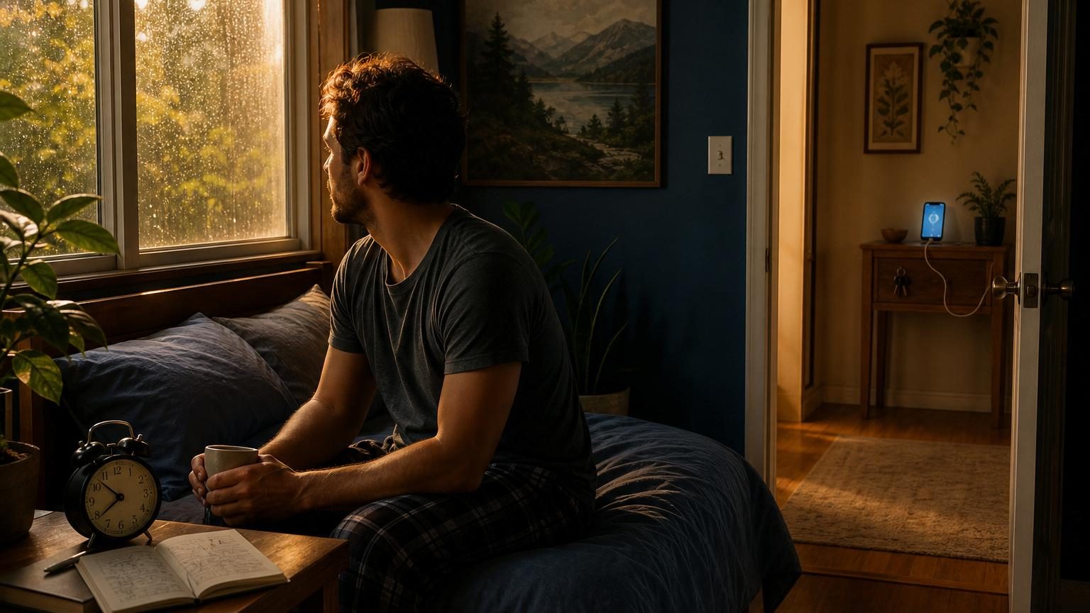 Une personne se réveille dans une chambre calme, sans téléphone visible sur la table de nuit, regardant par la fenêtre avec une tasse de café et un carnet ouvert à côté.