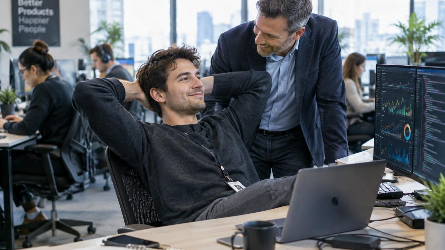 Un homme assis à son bureau devant un ordinateur, regardant décontracté avec une expression satisfaite tandis que des scripts ou automates invisibles accomplissent le travail en arrière-plan