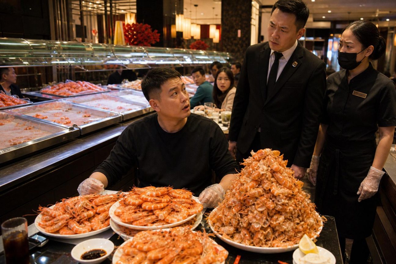Un homme seul à table, face à des assiettes vides et des carapaces de crevettes accumulées, devant un buffet de fruits de mer en arrière-plan.