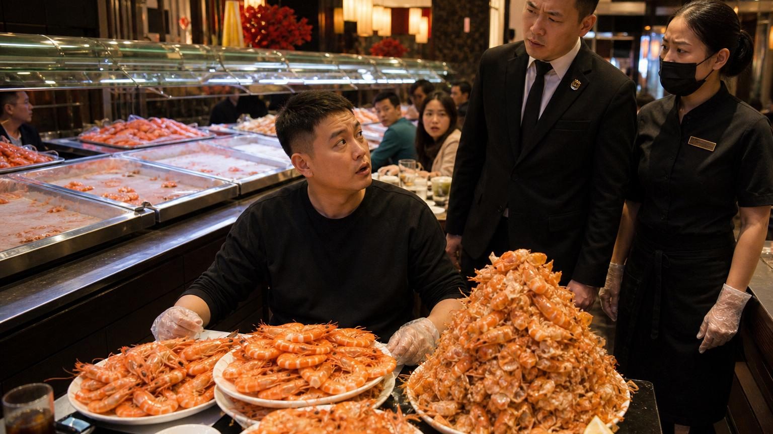 Un homme seul à table, face à des assiettes vides et des carapaces de crevettes accumulées, devant un buffet de fruits de mer en arrière-plan.