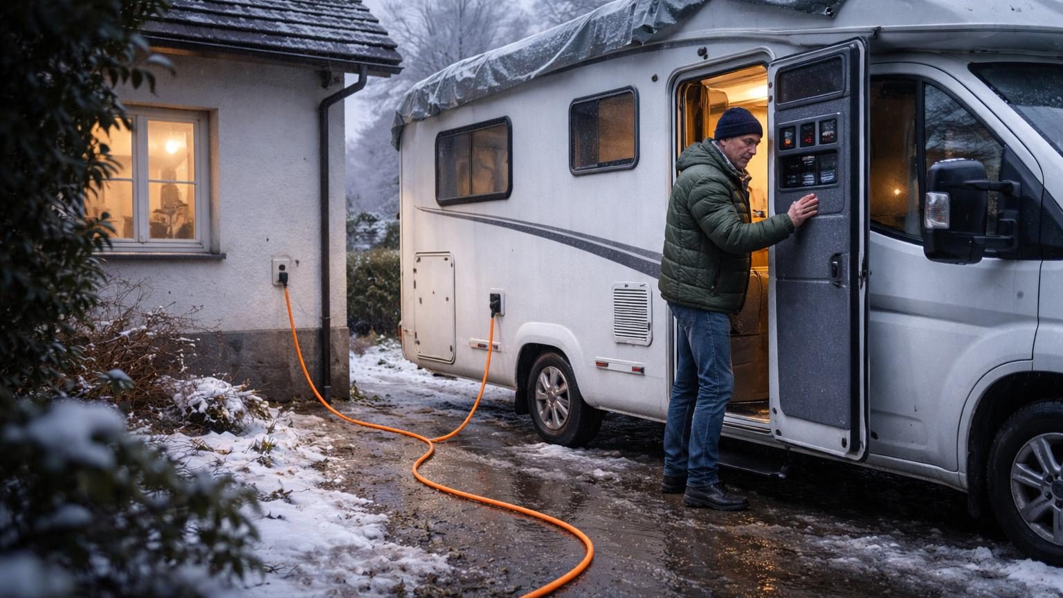 Camping-car branché sur une prise extérieure lors de l'hivernage, avec câble orange reliant le véhicule à la maison