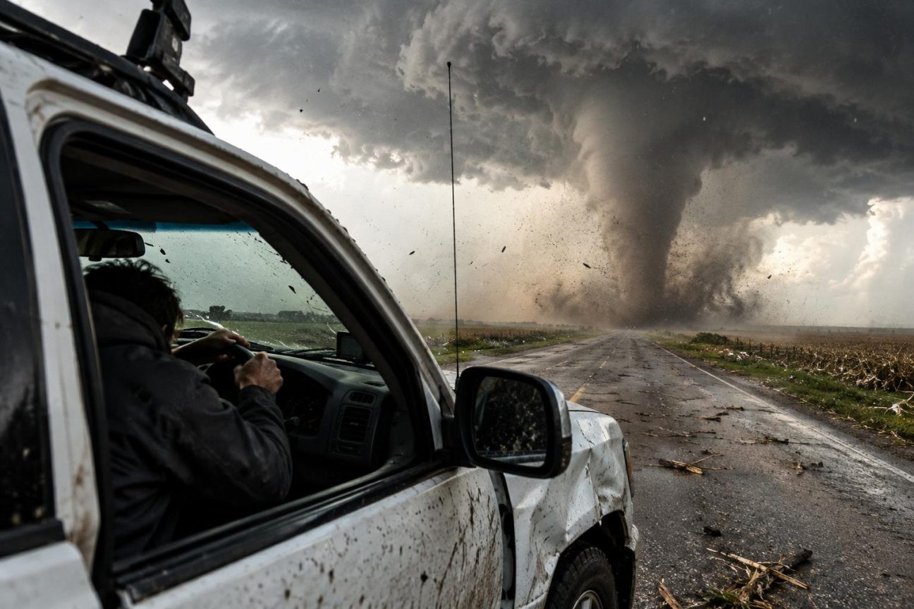 Intérieur d'une voiture endommagée au cœur d'une tornade, entourée d'une masse sombre de débris et de poussière, capot invisible sous le chaos atmosphérique.