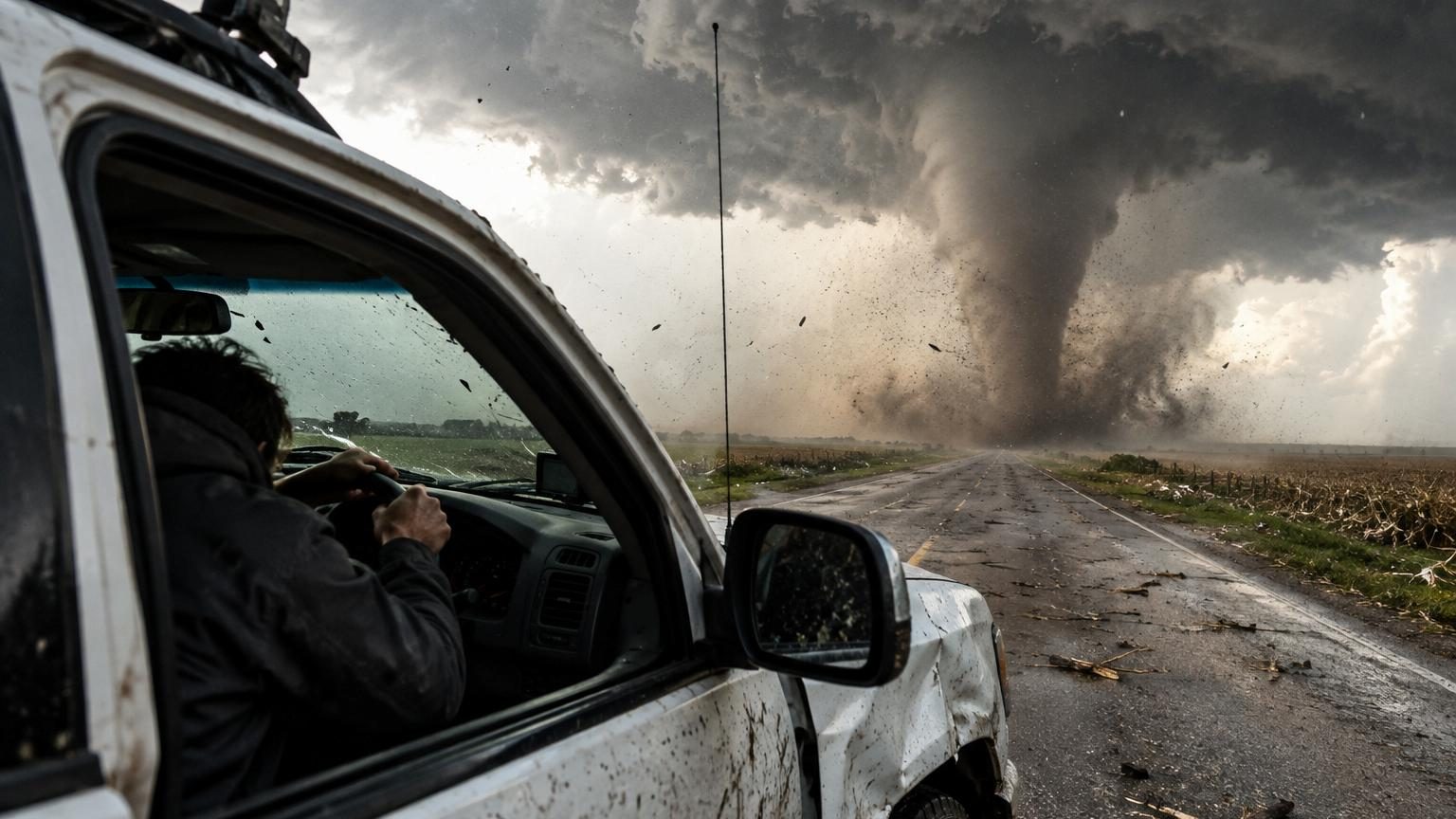 Intérieur d'une voiture endommagée au cœur d'une tornade, entourée d'une masse sombre de débris et de poussière, capot invisible sous le chaos atmosphérique.