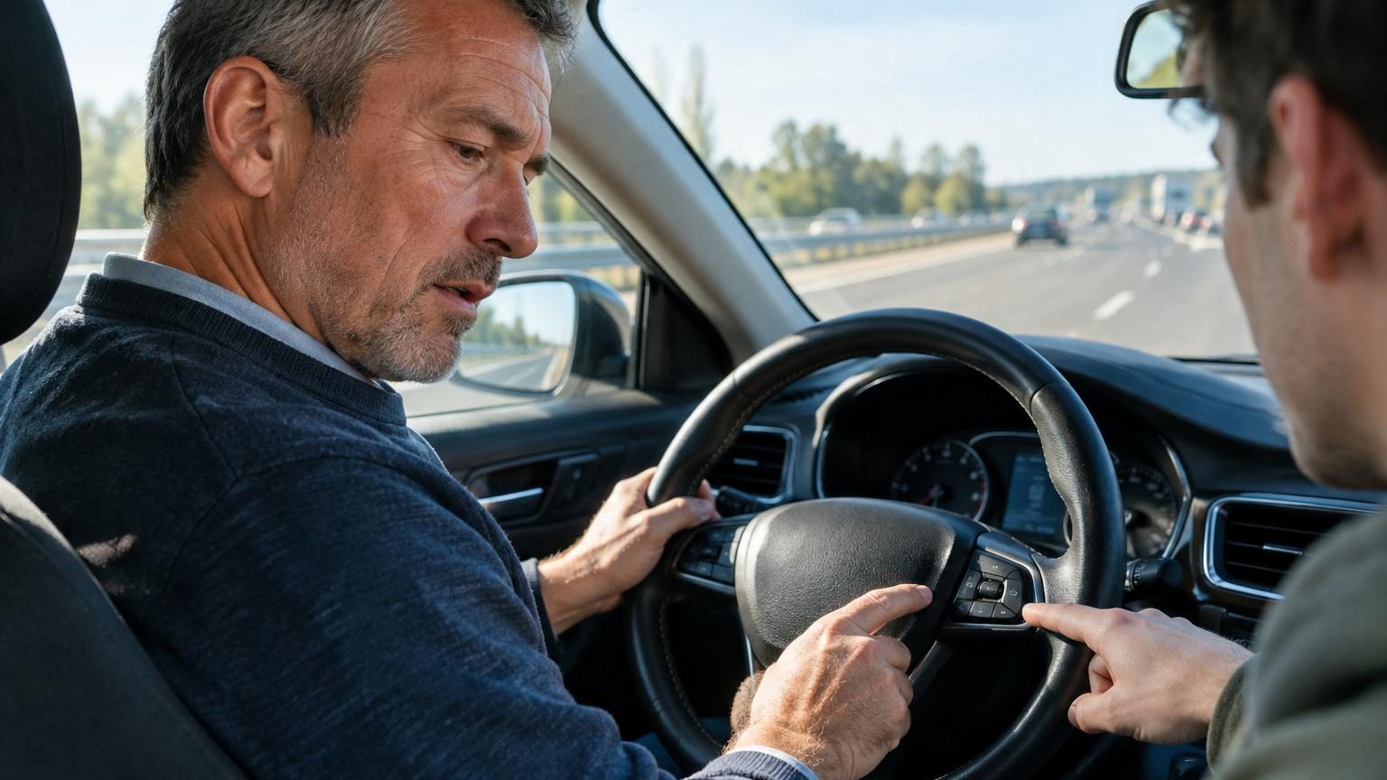 Un conducteur quinquagénaire, main posée légèrement sur le volant, roule détendu sur une autoroute de nuit avec un trafic fluide, l'air apaisé et concentré sur la route devant lui.