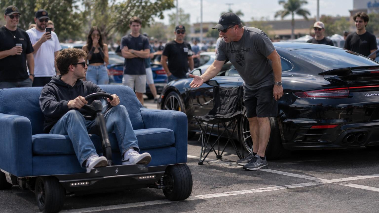 YouTubeur assis sur un canapé électrique bleu garé à côté d'une Porsche noire lors d'un rassemblement automobile, entouré de spectateurs curieux.