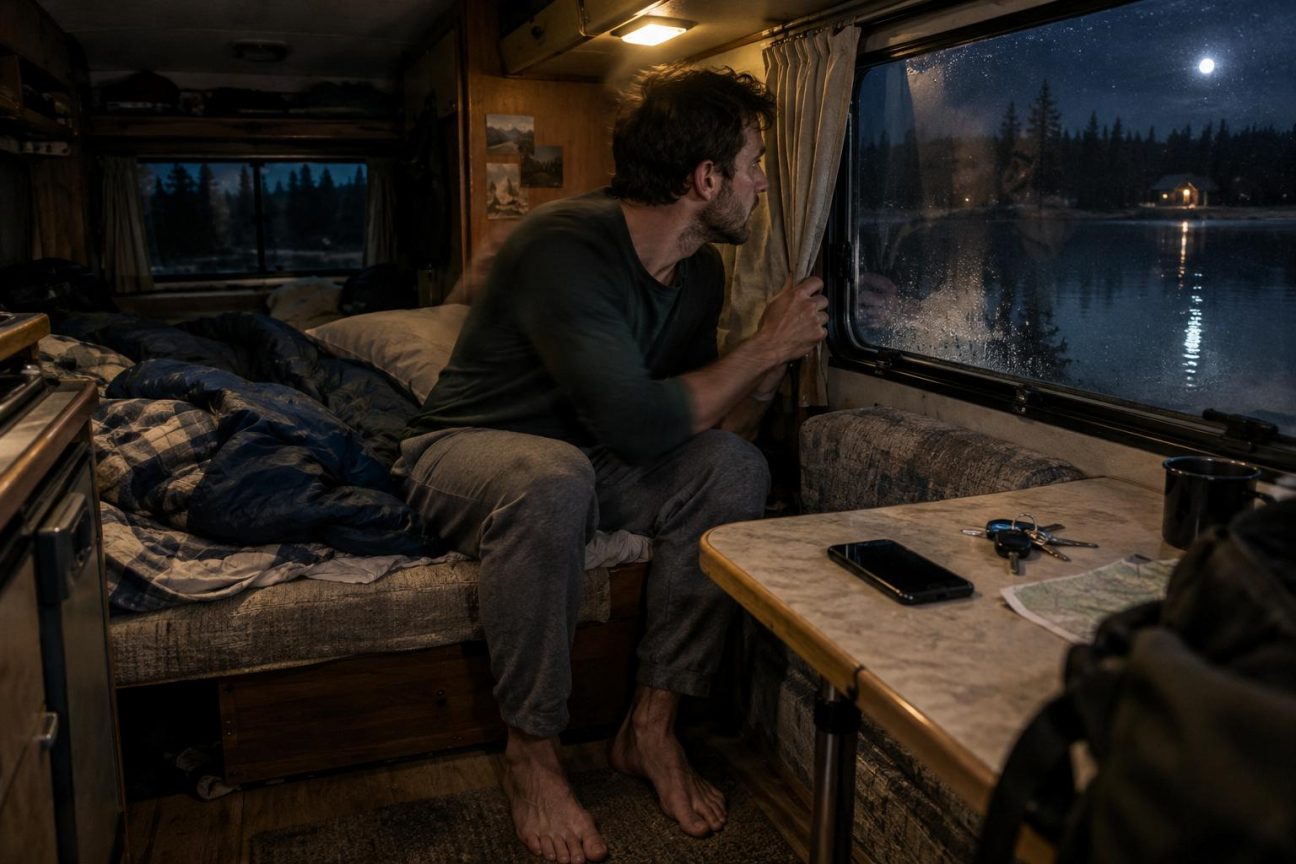 Un camping-car stationné seul au bord d'un lac la nuit, éclairé par la lune, avec des arbres sombres en arrière-plan.