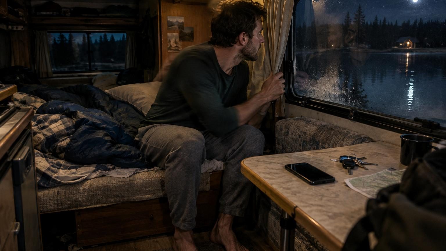 Un camping-car stationné seul au bord d'un lac la nuit, éclairé par la lune, avec des arbres sombres en arrière-plan.