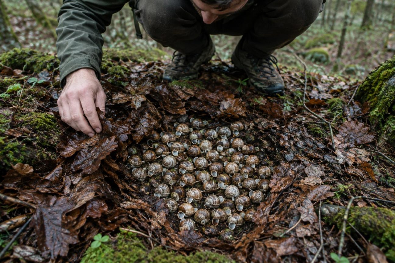 Détail rapproché du sol montrant des dizaines de coquilles d'escargots vides disposées en cercle ordonné parmi les feuilles mortes et la mousse d'une forêt