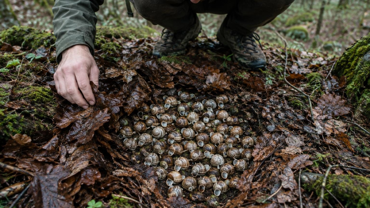 Détail rapproché du sol montrant des dizaines de coquilles d'escargots vides disposées en cercle ordonné parmi les feuilles mortes et la mousse d'une forêt