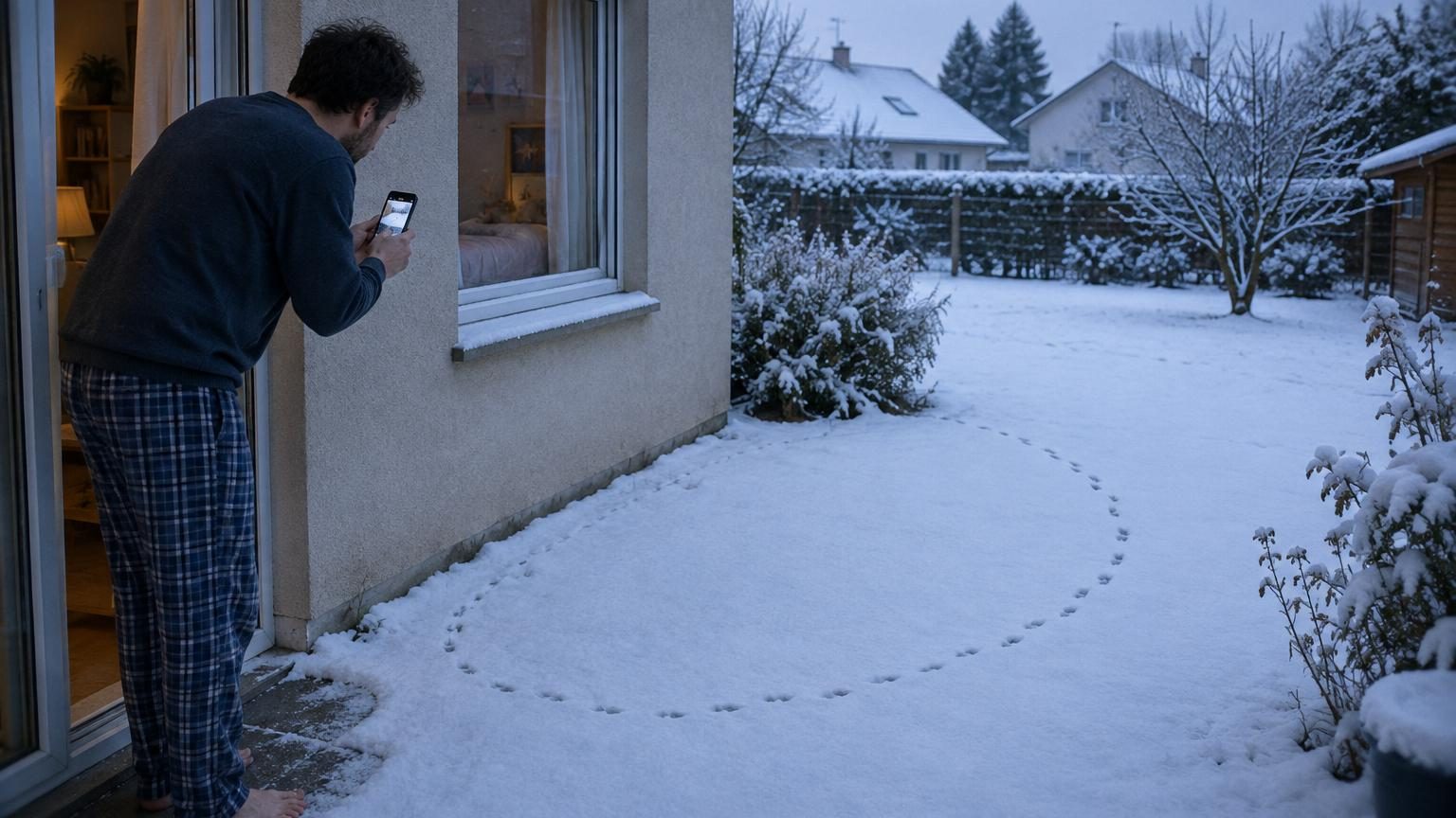 Traces de pattes fraîches dans la neige immaculée formant un cercle autour d'une maison en hiver au petit matin