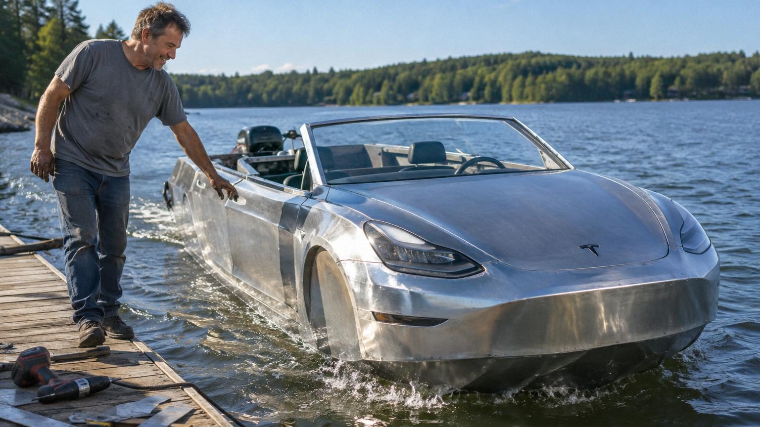 Mini bateau électrique en aluminium équipé d'un moteur Tesla avec modules batterie verticaux et prise de recharge automobile sur le flanc.