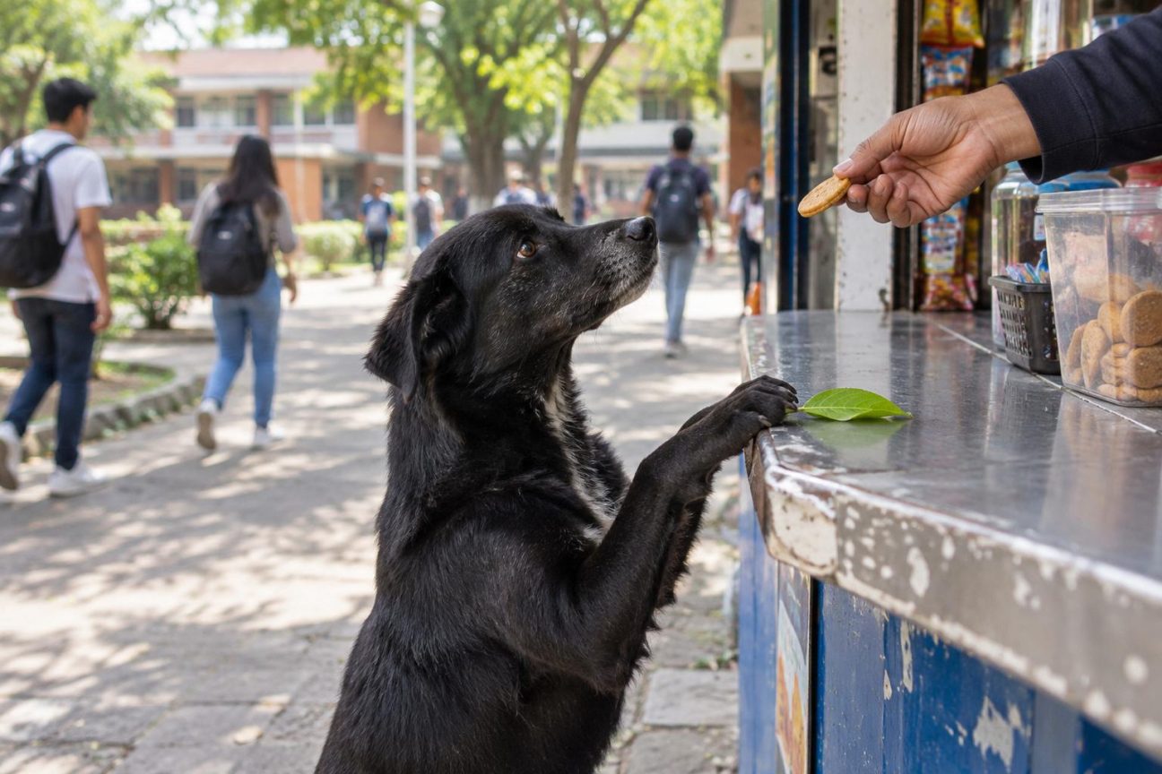 Un chien errant déposa une feuille d'arbre sur un comptoir de cantine universitaire en échange d'un biscuit.