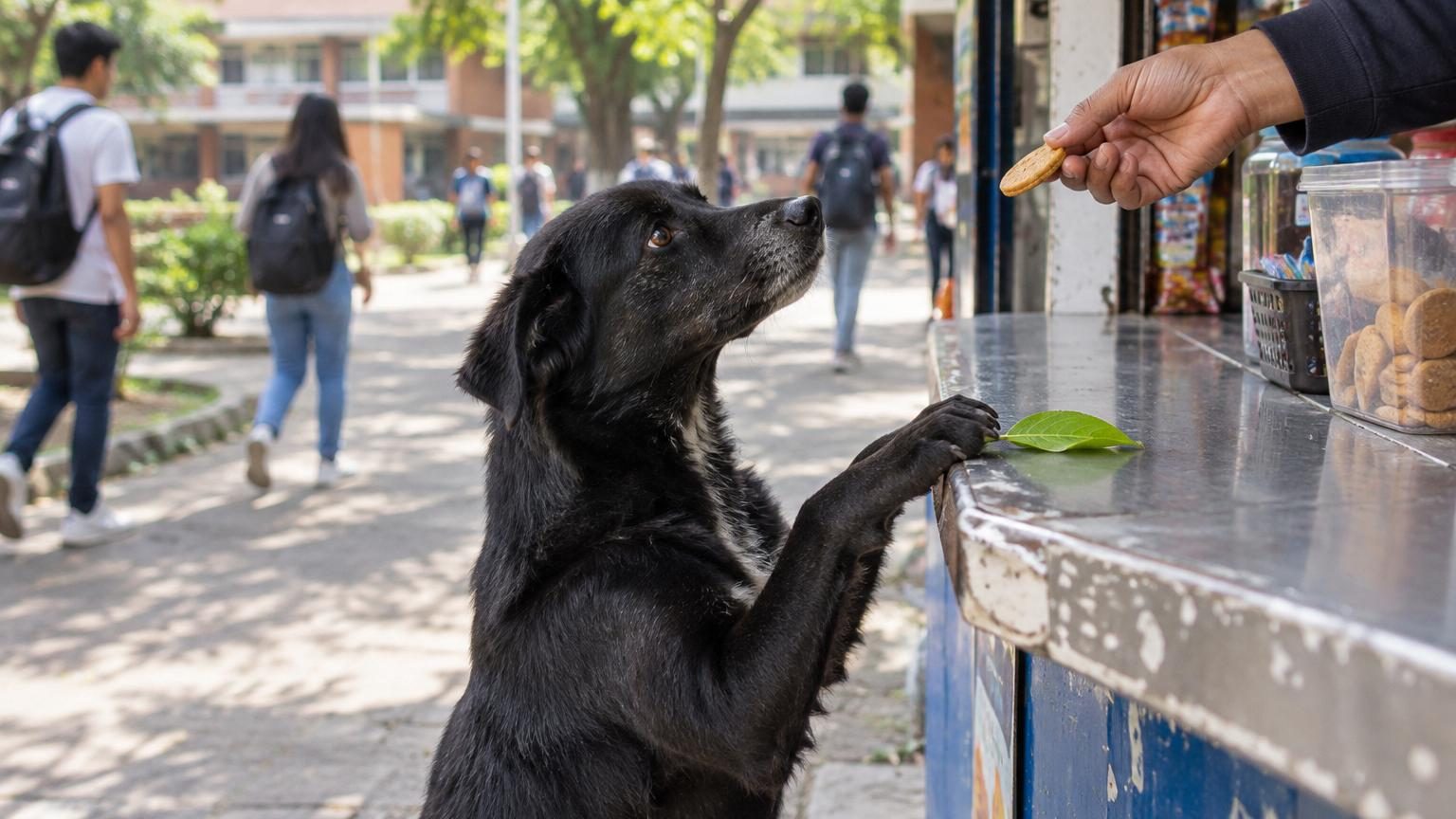 Un chien errant déposa une feuille d'arbre sur un comptoir de cantine universitaire en échange d'un biscuit.
