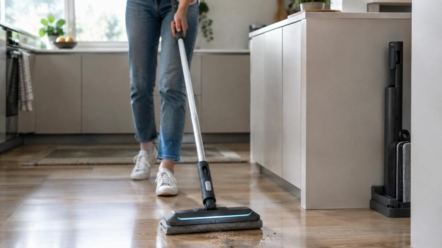 Kit de nettoyage Switch & Clean de Lidl composé d'un manche télescopique en acier, d'un balai à poils denses avec bandes de protection, d'un support de serpillère articulé et d'une housse lavable grise.