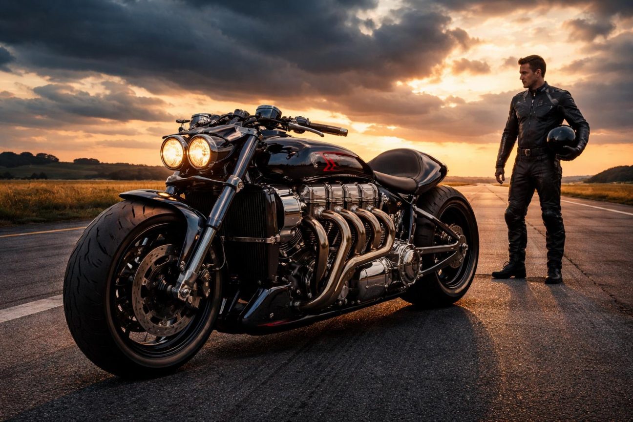 Gros plan sur le moteur V10 imposant et les éléments mécaniques bruts de la Viper V10, moto artisanale construite à la main, avec des cylindres visibles et une architecture longitudinale caractéristique.